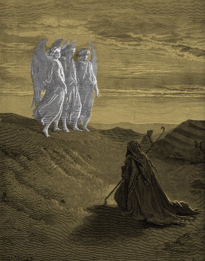 Abraham and the Three Angels, engraving by Doré - Bible by Gustave Dore